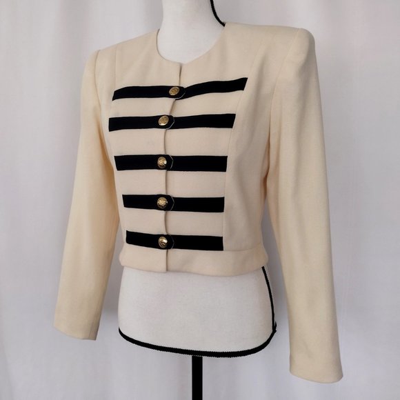 Vintage 1980s Cream and Black Striped Military Style Cropped Jacket - Picture 4 of 12
